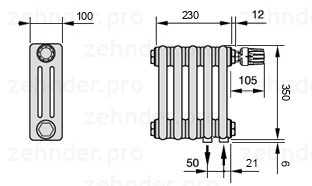 Схема (чертеж) Радиатор Zehnder Charleston 3035/5 №V002 Белый глянцевый RAL 9016